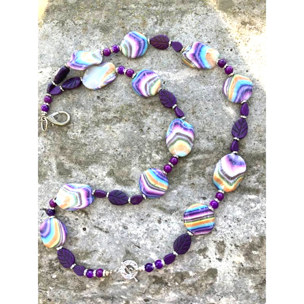 Handmade Purple Striped Agate Gemstone Beaded Lanyard - Adult ID Badge Holder